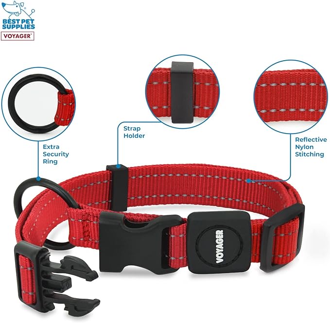 Best Pet Supplies Reflective Dog Collar with Adjustable Length, Heavy-Duty Buckle, and Strong Leash D-Ring, Training, Walking, Jogging Accessory for Small, Medium, and Large Breeds - Red, L