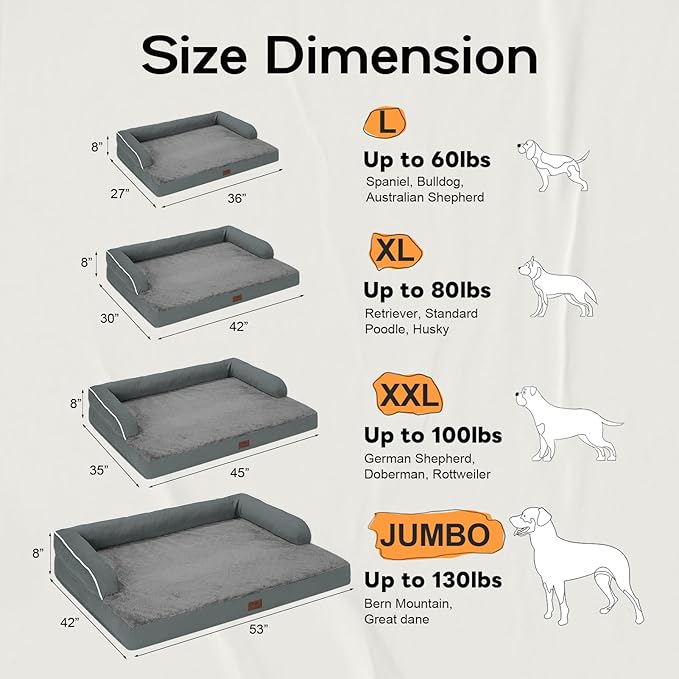 Large Dog Bed Orthopedic Washable: Dog Bed with Waterproof Cover and Removable Bolster, Egg Foam Couch Sofa for Medium XXXlarge Dogs