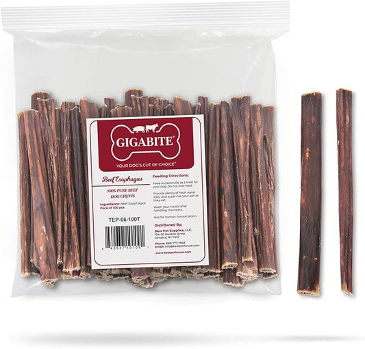 GigaBite 6 Inch Beef Gullet Jerky Sticks (100 Pack) - All Natural, Free Range Beef Esophagus Stick Dog Treat by Best Pet Supplies