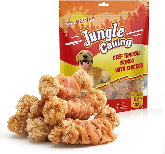 Jungle Calling Beef Tendons for Dogs, Chicken Wrapped Tendons Dog Chews Long Lasting Hip and Joint Supplement for Dogs with Glucosamine (Knotted Bone)