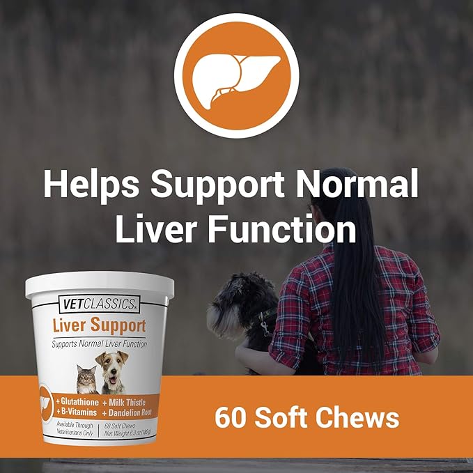 Vet Classics Liver Support Pet Health Supplement for Dogs, Cats – Liver Functions – B-Vitamins, Glutathione, Milk Thistle – Soft Tablets, Chews – 60 Soft Chews