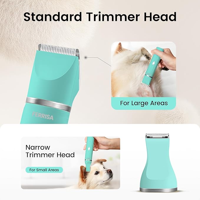 FERRISA 2 in 1 Dog Clippers for Grooming, Cordless Dog Hair Clipper for Grooming, Quiet Small Dog Grooming Kit, Electric Dog Hair Trimmer for Grooming, Waterproof Dog Clipper with 2 Trimming Heads