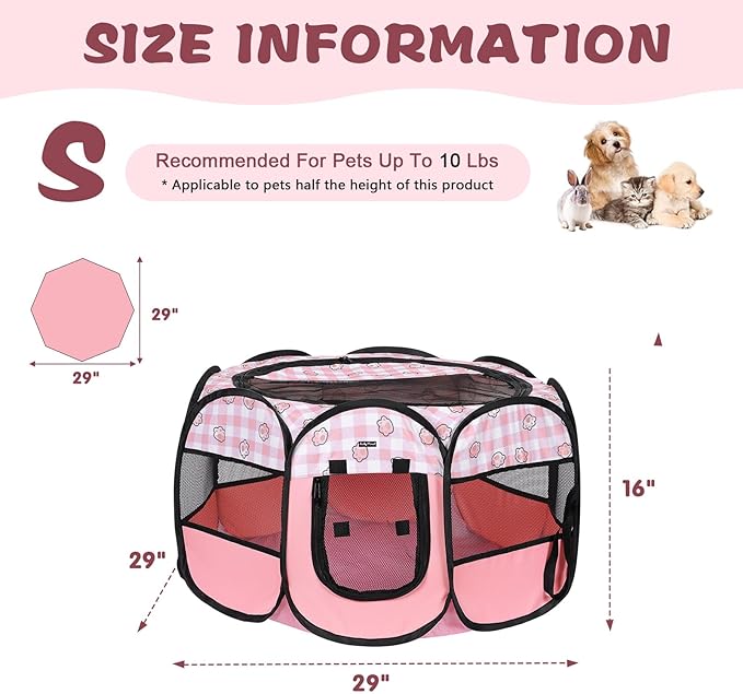 Foldable Dog Playpen Cat Puppy Playpen Indoor Pop Up Pet Animal Playpen Outdoor Kennel Cage Pen Tent for Small Medium Dog Puppy Cat Kitten Rabbit - Small, Pink
