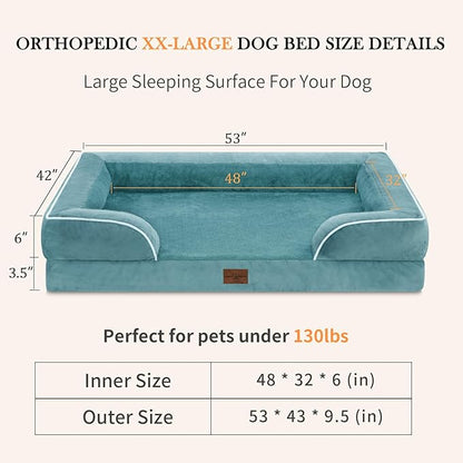 XXL Waterproof Orthopedic Dog Bed for Extra Large Dogs, Orthopedic Foam Dog Sofa Bed with Washable Removable Cover & Non-Slip Bottom(XX-large,Washed Blue)