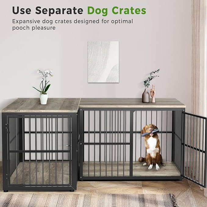 39'' L-Shaped Corner Dog Crate Furniture Large Breed with Double Rooms,Wooden Dog Crate End Table Indoor with Removable Divider for Small to Medium Dogs, Can Use Separately
