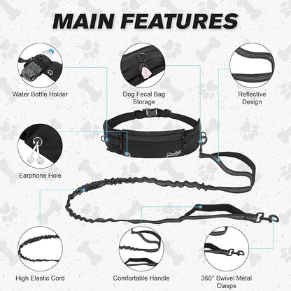Hands Free Dog Leash Crossbody Dog Running Leash Waist Belt with Zipper Pouch for Small Medium Large Dogs Waist Dog Leash Fanny Pack for Walker Training Jogging Black