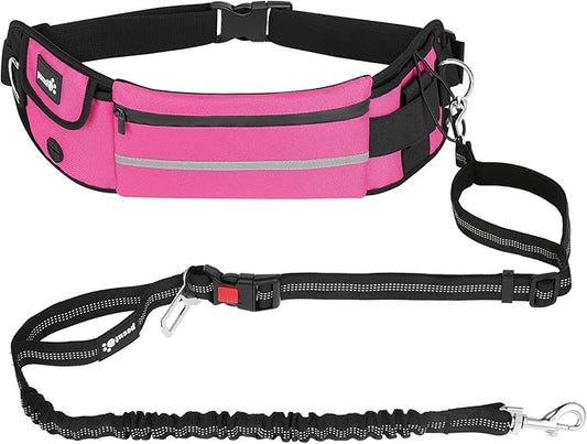 Pecute Hands Free Dog Leash with Pouch, Waist Belt Fanny Pack with Soft Pads, Dual Padded Handles, and Durable Bungee for Walking, Hiking, Jogging Biking, and Running (Up to 220lbs) Pink