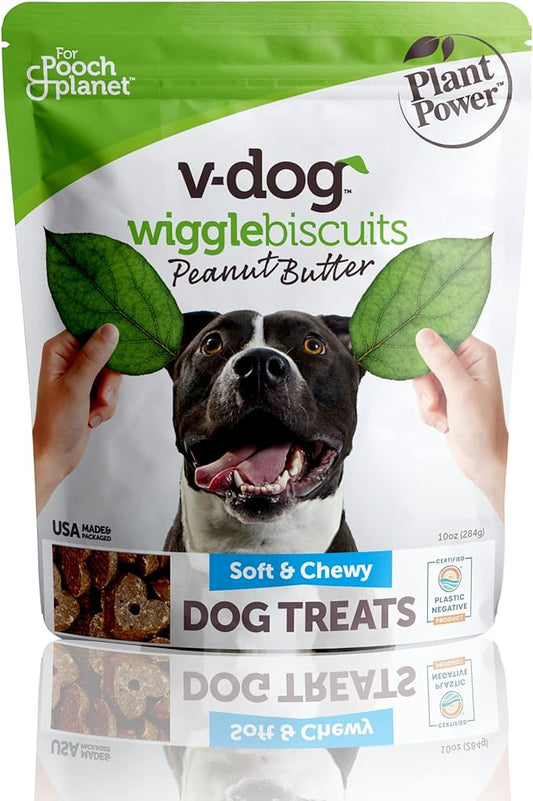 V-dog Soft and Chewy Vegan Wiggle Dog Biscuits - Dog Training Treats - Small, Medium and Large Breeds - Natural Peanut Butter Flavor Superfoods - 10 ounce - All Natural - Made in The USA