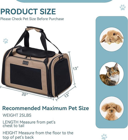 PETSFIT Pet Carrier for Cat, Dog Carrier for Small Dogs, Soft Cat Carrier Bag with Cozy Extendable Mat for Pets Under 25 Lbs (Large, Khaki)