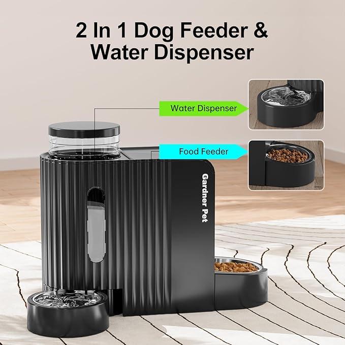 Automatic Gravity Pet Feeder, 1.8 Gallons*2 Dog Feeder and Water Dispenser Set, 2-in-1 Automatic Feeder and Stainless Steel Water Dispenser for Dogs, Cats, Rabbits, Puppies (Black)