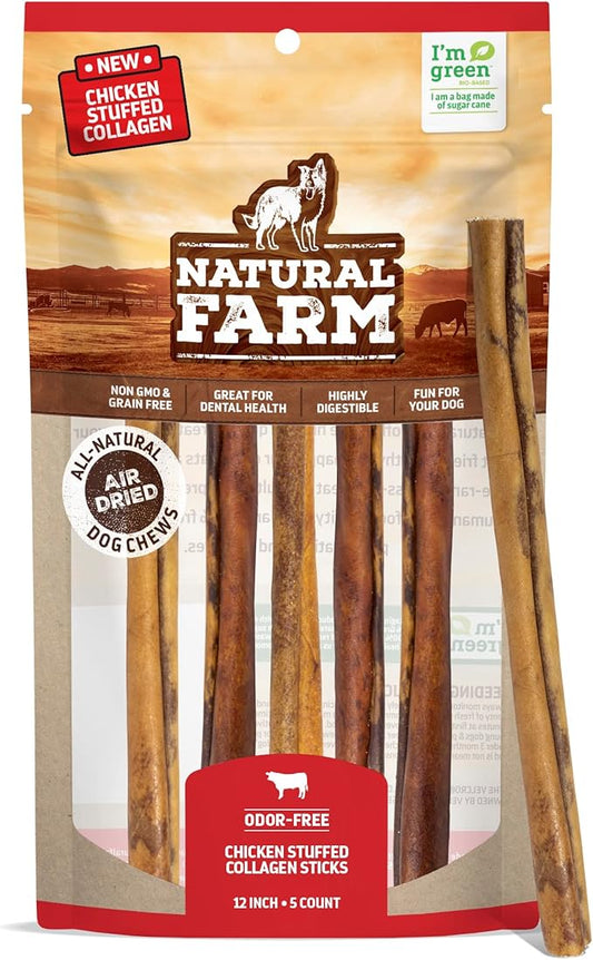 Natural Farm Chicken Stuffed Collagen Sticks with Real Chicken for Dogs (12 Inch, 5-Pack), Rawhide-Free Collagen Sticks, Odor-Free Natural Dog Chews, Long Lasting, for Small, Medium and Large Dogs