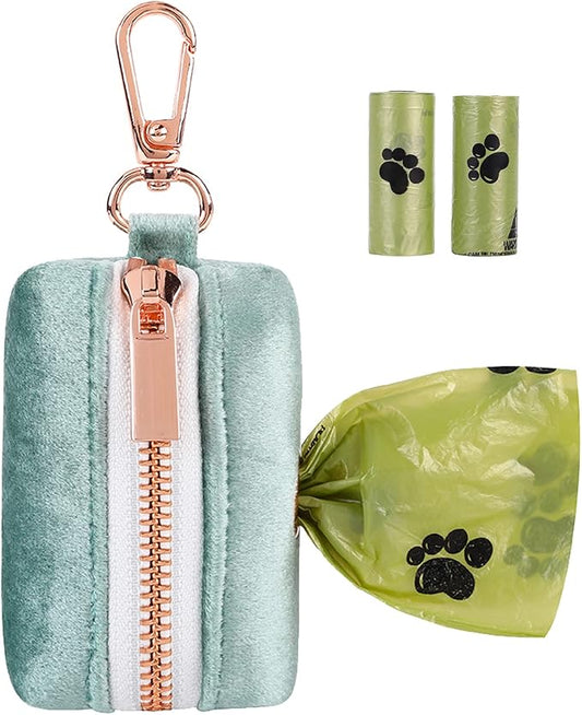 ARING PET Dog Waste Bag Dispenser, Velvet Green Doggy Poop Bags Holders Attach to Any Leashes, Portable Washable Pet Waste Pouch Dispenser with Metal Zipper