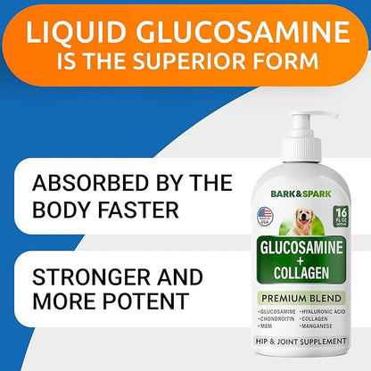 Liquid Glucosamine for Dogs - 16 Fl Oz Easy to Serve Joint Pain Relief Supplement - Advanced Formula with Chondroitin, MSM, Collagen - Hip & Joint Care - Made in USA