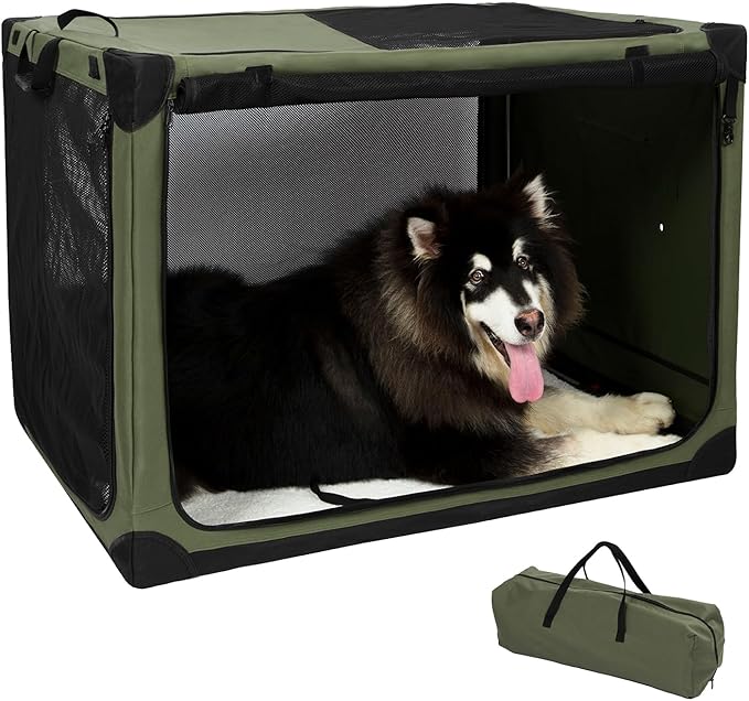 42 Inch Stainless Steel Collapsible Dog Crates for Large Dogs, 4-Door Soft Sided Dog Kennel for Travel, Portable Foldable Pet Crate with Durable Mesh Windows, Indoor & Outdoor, Olive Green