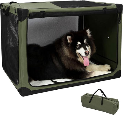 42 Inch Stainless Steel Collapsible Dog Crates for Large Dogs, 4-Door Soft Sided Dog Kennel for Travel, Portable Foldable Pet Crate with Durable Mesh Windows, Indoor & Outdoor, Olive Green