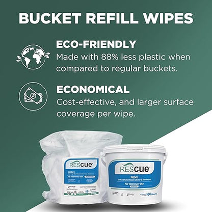REScue One-Step Disinfectant Cleaner & Deodorizer Wipes for Veterinary Use – For Kennels & More – Extra Large Wipes, 160-Count Bucket Refill (4 Pack)