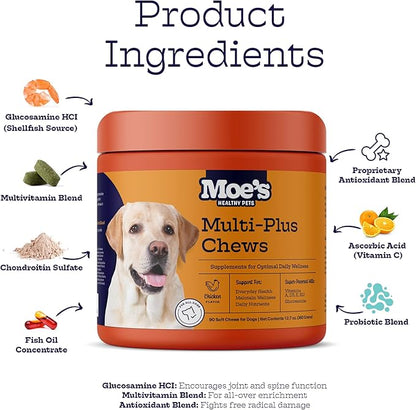 Moe’s 5-in-1 Essential Dog Multivitamin -Supports Dog's Heart, Immunity, Skin, Coat, & Overall Health- Vitamins A, B12, C, D, E, Antioxidants, Omega 3- for All Ages & Breeds- 90 Chicken Flavored Chews