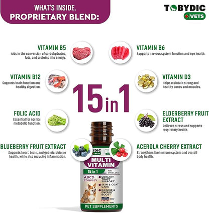 Cat & Dog Multivitamin -15 in 1 Pet Supplements with Cranberry & Glucosamine - Natural Medicine & Support for UTI, Urinary Tract, Bladder, Kidney, Skin Coat, Joints Treatment Made in USA