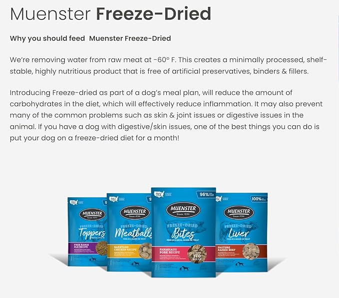 Muenster Freeze Dried Dog Food Topper Bites (5oz) - Farmhaus Pork Freeze Dried Raw Dog Food w/Organic Minerals - Pork & Organ Meats Meal Toppers for Dogs - Freeze Dried Dog Treats for Training