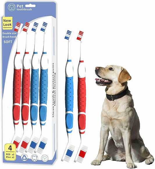 Leoezx™ Professional Pet Toothbrush(4Pcs), Dog & Cat Soft Bristle Double-Sided Brush Head Set, Pet Brushing Teeth to Clean Teeth to Reduce Tartar Buildup, Pet Dental Care Essentials