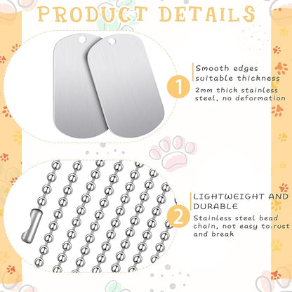 20 Pieces Military Dog Tags Set Including 10 Stainless Steel Army Blank Dog Tag 10 Steel Chain Personalized Pets Tags Oval Pendant Necklace for Stamping Engraving DIY Craft(Silver)
