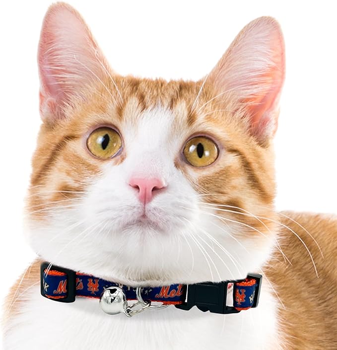 MLB CAT Collar New York Mets Satin Cat Collar Baseball Team Collar for Dogs & Cats. A Shiny & Colorful Cat Collar with Ringing Bell Pendant
