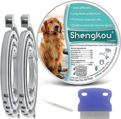 Natural Flea and Tick Collar for Large Dogs - Provides 12-Month Protection, Offers Safe Pest Prevention, Waterproof and Durable - includes Free Flea Comb and Tick Tweezer (27.5 in - 2 Packs)