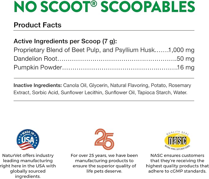 NaturVet Scoopables No Scoot For Dog Bite - Anal Gland Support For Dogs - Supports Normal Bowel Function - Chewable Stool & Bowel Health Pet Supplement - Pumpkin, Psyllium Husk, & Beet Pulp | 11oz Bag