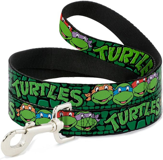 Dog Leash TMNT Ninja Turtles Group Faces Turtle Shell Black Green 6 Feet Long 1.5 Inch Wide