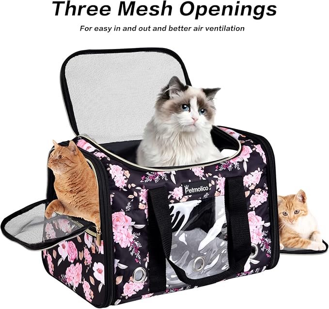Petmolico Cat Carrier Dog Carrier, Soft Pet Travel Carrier with 3 Open Doors Mesh Windows for Cats Puppy 22 lbs, Pink Peony, Large