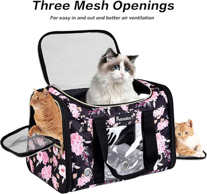 Petmolico Cat Carrier Dog Carrier, Soft Pet Travel Carrier with 3 Open Doors Mesh Windows for Cats Puppy 22 lbs, Pink Peony, Large
