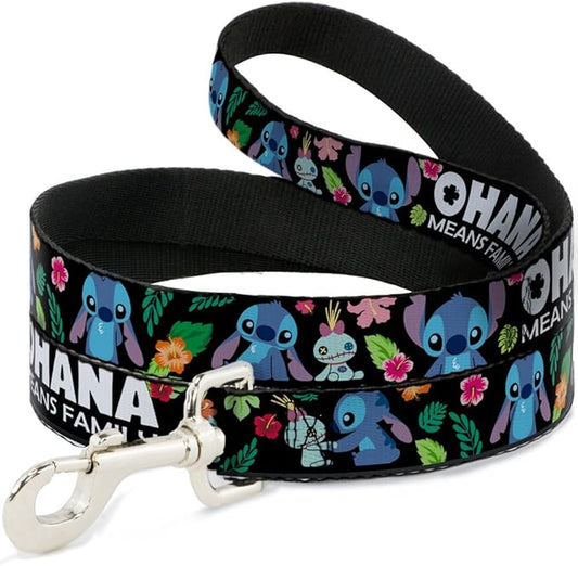Dog Leash Ohana Means Family Stitch Scrump Poses Tropical Flora Black 6 Feet Long 0.5 Inch Wide, DL-6FT-WDY339-N