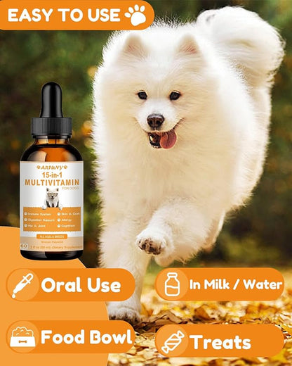 15 in 1 Multivitamin for Dogs | 60ML Dog Multivitamin Liquid Support Joint, Gut & Immune Health | Dog Liquid Vitamins for Digestion, Heart, Skin & Coat | Vitamin Supplements for Dogs | Bacon Flavor