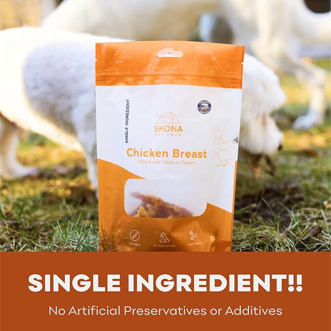 Skona Single-Ingredient Chicken Breast Jerky Treats (4oz) | Dogs & Cats | Lean Protein, Hypoallergenic, Dental Care | Ideal Training, USA Made