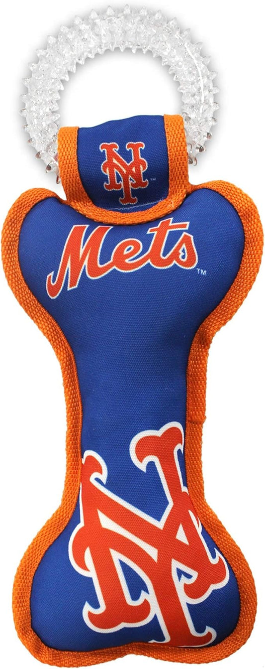 MLB New York Mets Bone Shaped DENTAL DOG TUG TOY with SQUEAKER. TOUGH PET TOY for Healthy Fun, Teething, and Cleaning pet's teeth and gum.