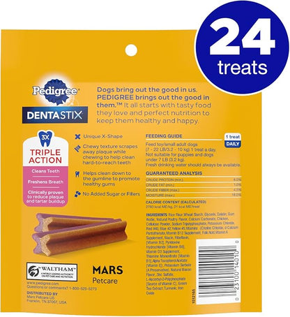 PEDIGREE DENTASTIX Dual Flavor Small Dog Dental Treats, Bacon & Chicken Flavors Dental Bones, 5.08 oz. Pack (24 Treats)