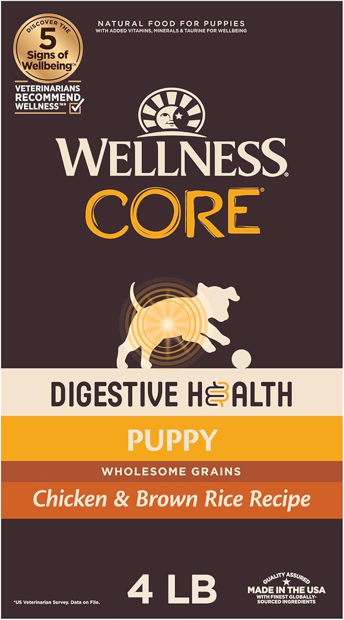 Wellness CORE Digestive Health Dry Puppy Food with Wholesome Grains, Highly Digestible, for Dogs with Sensitive Stomachs, Made in USA with Real Chicken (Puppy Under 1 Year, 4-Pound Bag)