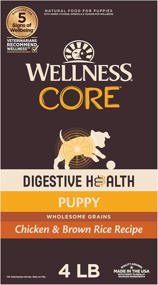 Wellness CORE Digestive Health Dry Puppy Food with Wholesome Grains, Highly Digestible, for Dogs with Sensitive Stomachs, Made in USA with Real Chicken (Puppy Under 1 Year, 4-Pound Bag)