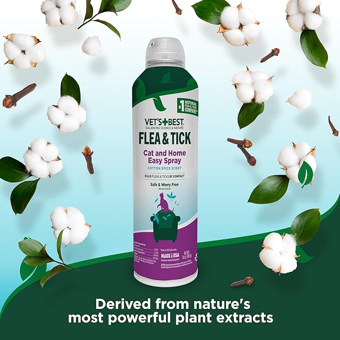 Vet’s Best Flea & Tick Flea and Tick Cat Easy Spray – Cotton Spice Scent – Natural Flea & Tick Prevention – Kills Fleas & Ticks for Cats – 14oz