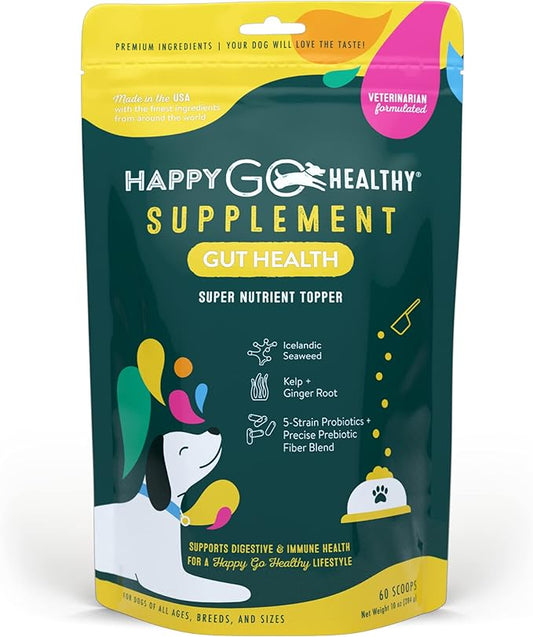 Gut Health Supplements for Dogs | Prebiotic & Probiotic Food Topper with Ginger Root, Icelandic Seaweed, and Organic Kelp | All Breeds and Sizes | 60 Count