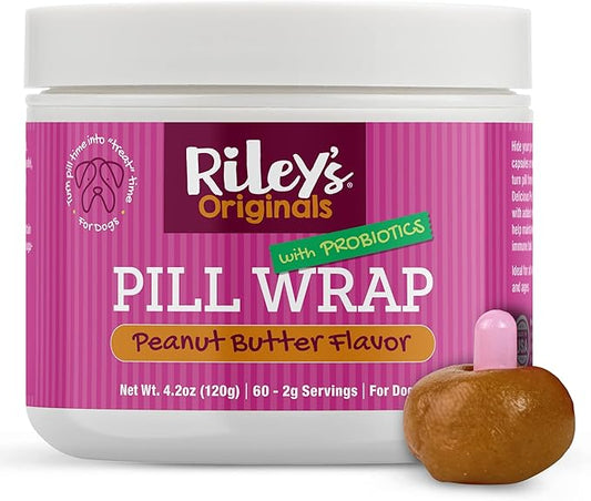 Riley's Pill Wrap for Dogs with Probiotics - Delicious Peanut Butter Flavored Pill Paste for Dogs - Wrap Pills, Capsules, Tablets in a Pocket or Pouch to Mask The Taste & Make Pill Time Fun - 4.2 oz