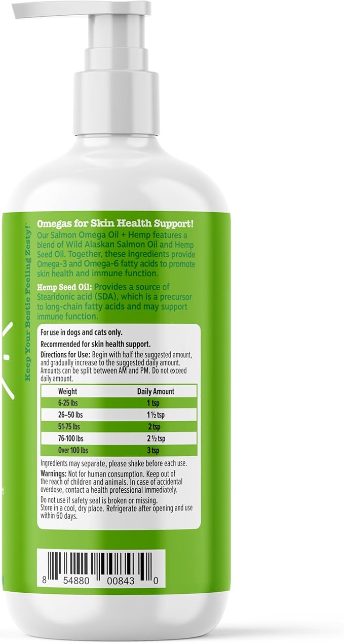 Zesty Paws Salmon Omega Oil Hemp for Dogs and Cats with Wild Alaskan Salmon Oil Omega 3 and 6 Fatty Acids with EPA DHA for Pets Supports Normal Skin Moisture and Immune System Function 16oz