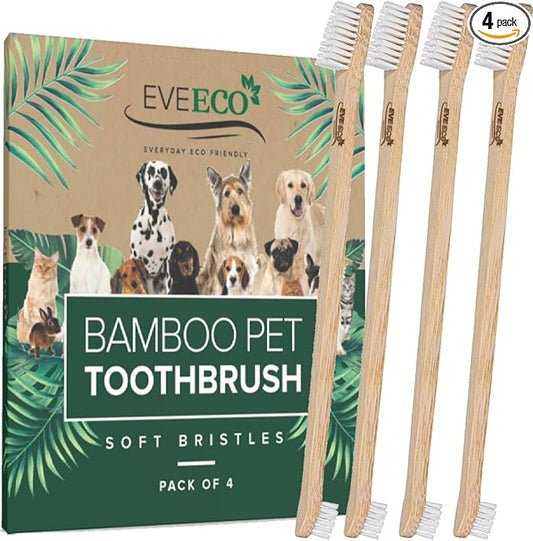 4-Pack Bamboo Dog & Pet Toothbrushes - 2 Brush Heads Large & Small with Extra Long 8.5" Use with Toothpaste to Eliminate Cavities, Bad Breath, Tartar for Puppies, Cats, Kittens