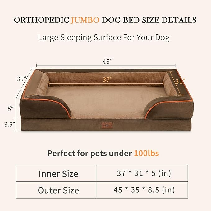 Jumbo Dog Bed for Extra Large Dogs, Waterproof Orthopedic Dog Bed, PV Washable Dog Sofa Bed, Jumbo Breed Dog Bed with Removable Cover & Non-Slip Bottom(Jumbo,Brown)