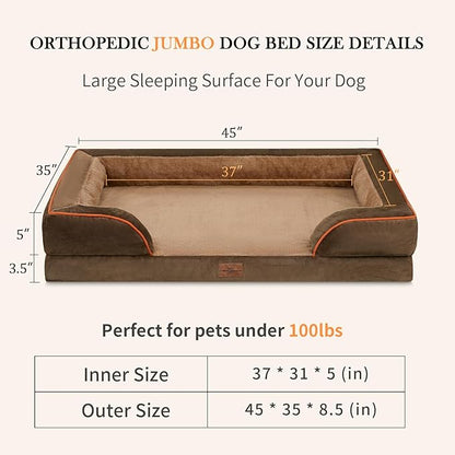 Jumbo Dog Bed for Extra Large Dogs, Waterproof Orthopedic Dog Bed, PV Washable Dog Sofa Bed, Jumbo Breed Dog Bed with Removable Cover & Non-Slip Bottom(Jumbo,Brown)