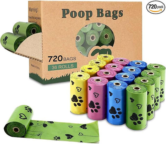Biodegradable Dog Poop Bags: 720 Bags Extra Thick Strong Leak Proof Dog Waste Bags for Dogs with 1 Dispenser (4 Mixed Colors Green Blue Yellow Pink) -Scented