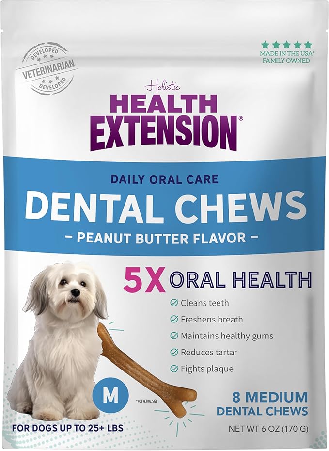Health Extension Dog Chew Bone Treats, Puppy Training Treat, Medium Sticks for Dental Teeth Cleaning & Breath Freshener, Peanut Butter Flavor (Pack of 8)
