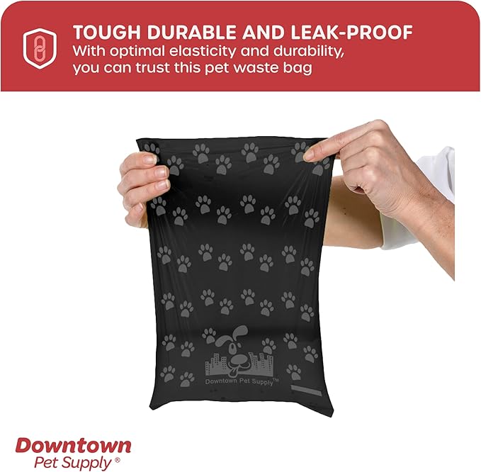 Downtown Pet Supply 180 Count Dog Poop Bags Refills with Leash Clip and Bone Bag Dispenser, Black with Paw Prints - Dog Waste Bags Unscented and Leak-Proof with Dog Poop Bag Dispenser - 12.5 x 8.5"