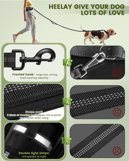 Hands Free Dog Leash for Medium and Large Dogs with Waist Belt Pouch, Dog Running Leash for Training Hiking Jogging Running Walking with Double Handle Bungee | Reflective Stitches Black