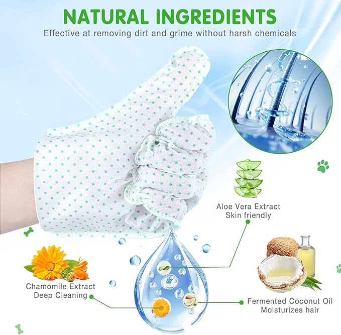 30 Count Dog Wipes Plant Oil Grooming Gloves Enhanced Cleaning Deodorizing Bath Wipes Waterless Cat Shampoo Pets Wipes for Paws, Butt, Face and Fur